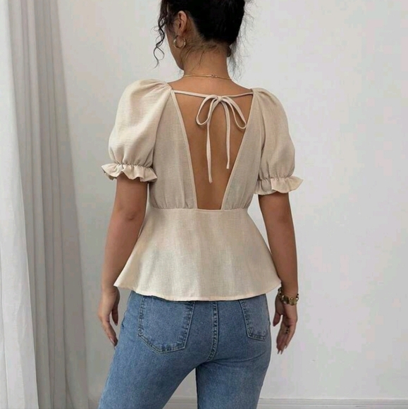 Women's V Neck Puff Sleeve Bowknot Backless Casual Blouse - Picture 3 of 4